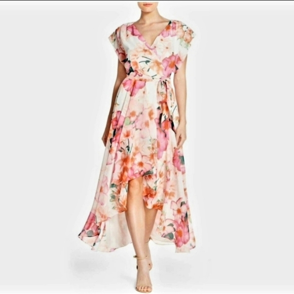 Eliza J* High Low* Chiffon* Maxi Dress* Multi Colored Floral* Sz 4 - Picture 1 of 6